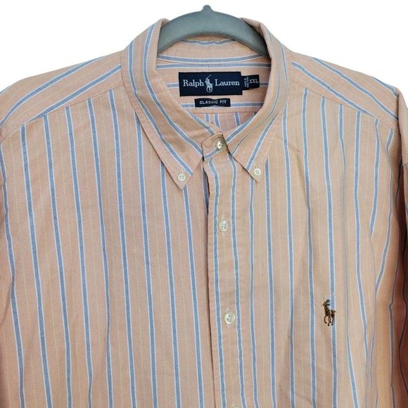 VNTG Ralph Lauren Classic Fit  Peach Orange/Blue Striped Polo Men's XXL - Picture 4 of 7